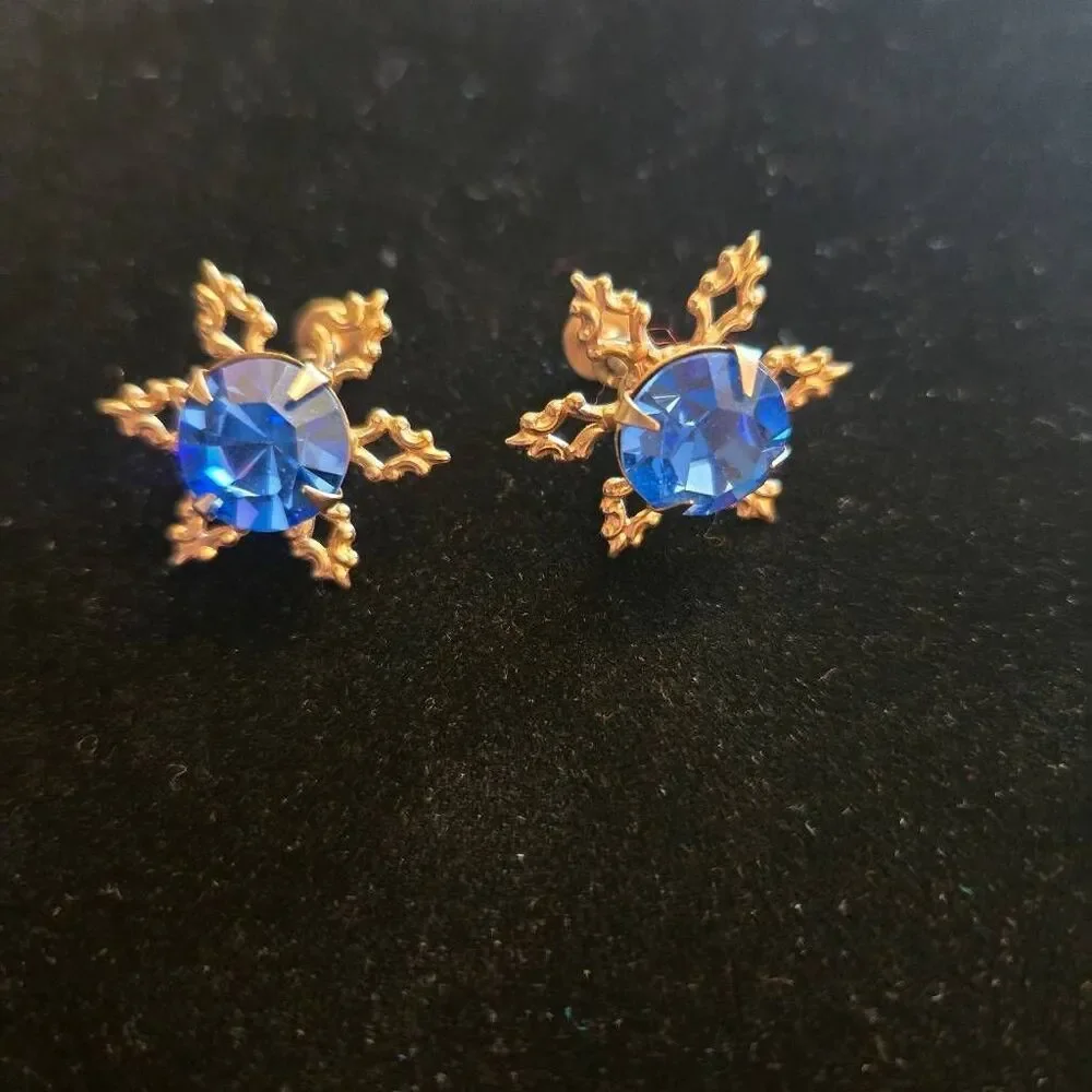 Vintage 1940s Gold Tone Snowflake Blue Rhinestone Screw Back Earrings